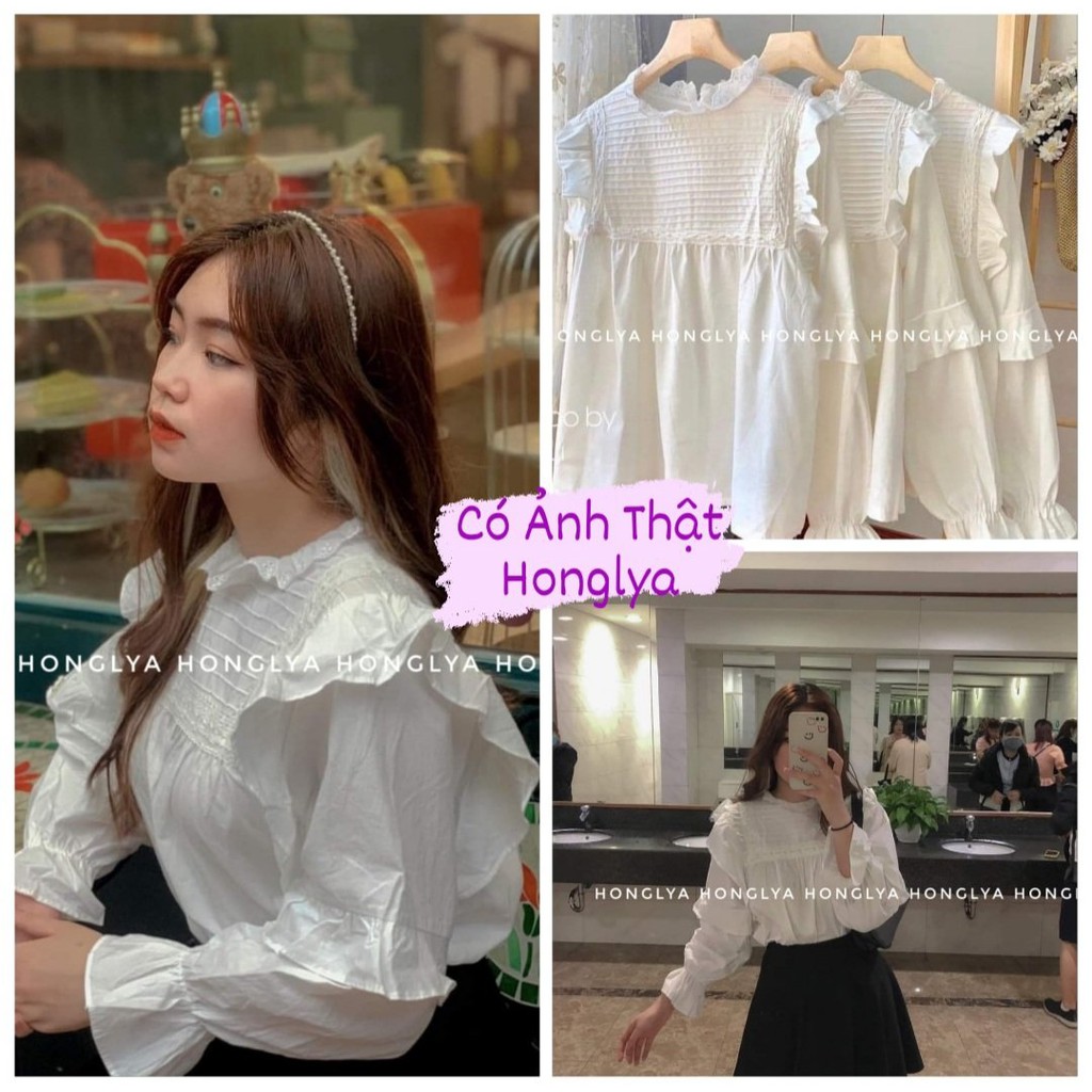 [Ảnh thật] Sơ mi chất thô lụa phối cổ ren nhẹ nhàng