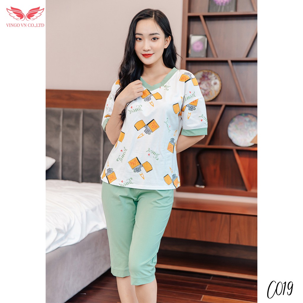 Đồ Bộ Nữ Mặc Nhà Mặc Ngủ Cotton Áo Cộc Quần Lửng Lỡ Áo Trắng Quần Xanh Họa Tiết Vingo C019 VNGO