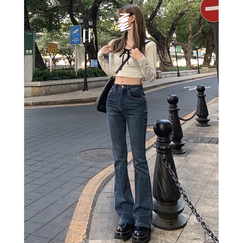 (Sẵn) Quần jeans ống loe lưng cao phong cách retro kèm ảnh thật