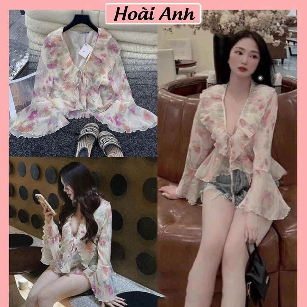 Áo Tơ Nhăn Hoa Bèo Ngực Tay Loe Trễ Cổ Dây Buộc Áo Điệu Cổ V Sexy Freesize