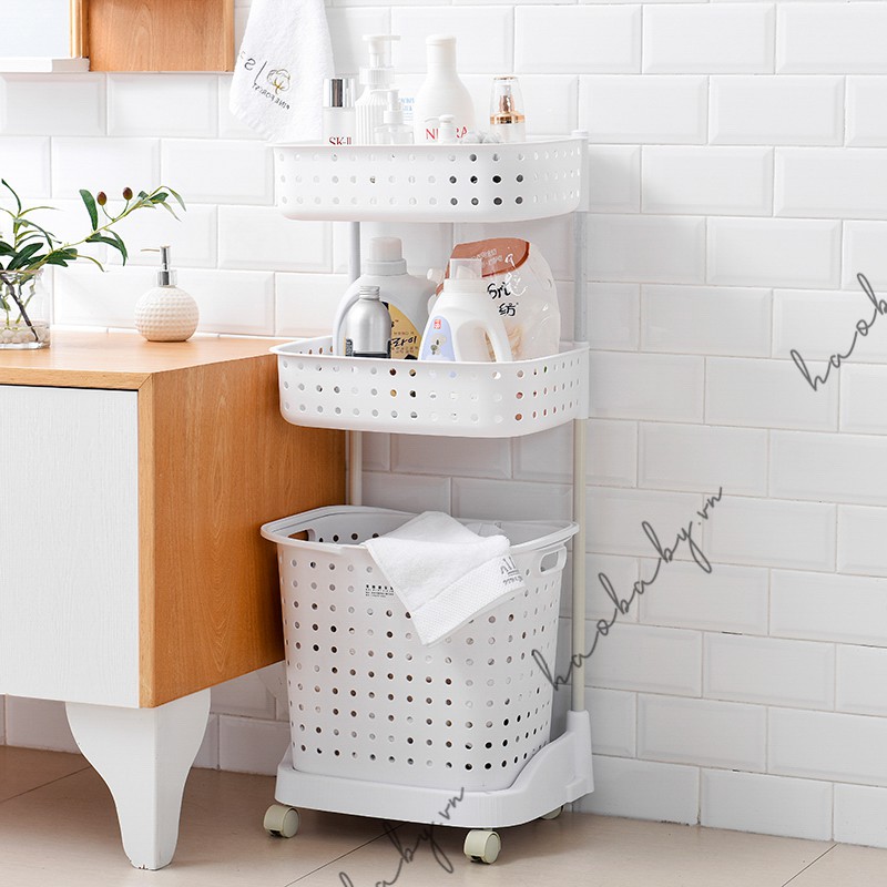 [Haobaby shop] Kệ nhựa plastic Homie Hàn Quốc cao cấp 3 tầng đa năng có bánh xe đựng đồ cho bé, đồ nhà tắm, đồ máy giặt