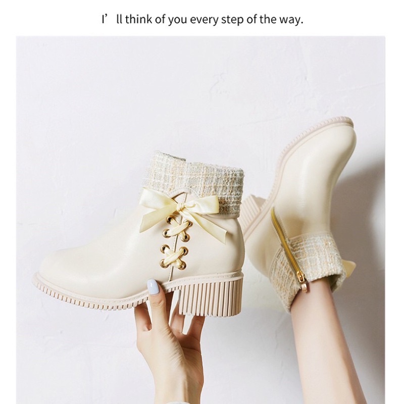 Giày bốt martin đan nơ xinh xắn, giày boots cổ vừa phối len đế cao 5cm.