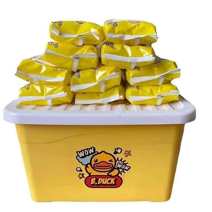 Thùng 10 gói khăn giấy ướt vịt vàng + tặng kèm thùng nhựa tiện dụng siêu đán