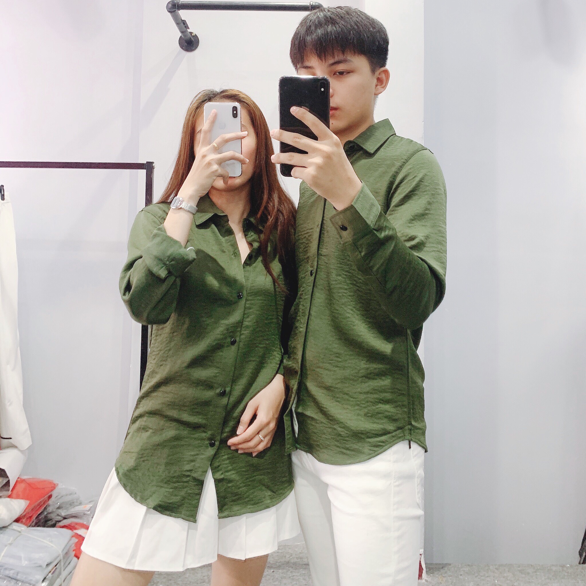 Áo Sơ Mi Nam Nữ dài tay dáng ôm sơ cổ bẻ vải cotton thái chống nhăn chống xù Xanh rêu trơn