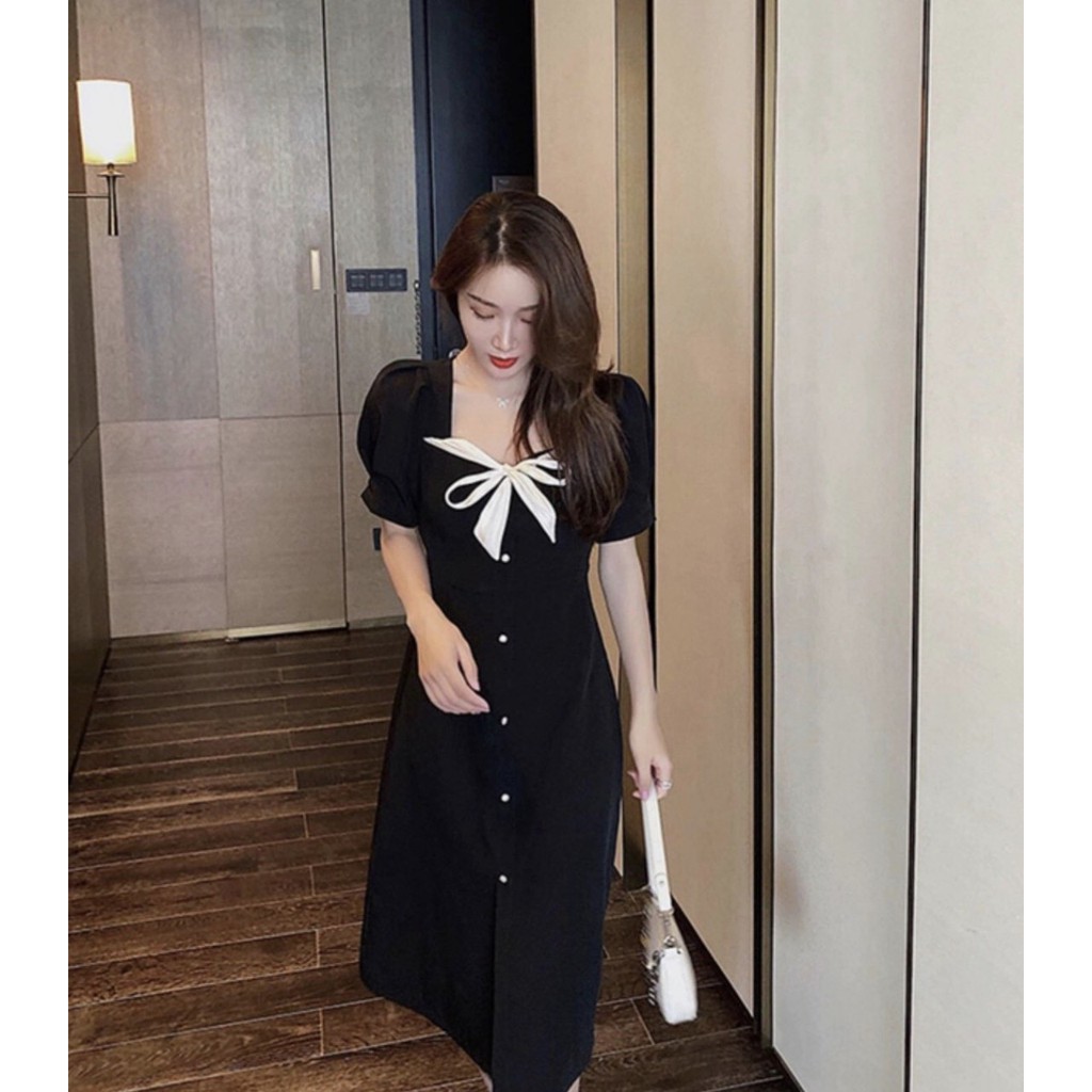 Đầm xòe đen tiểu thư phối nơ cổ