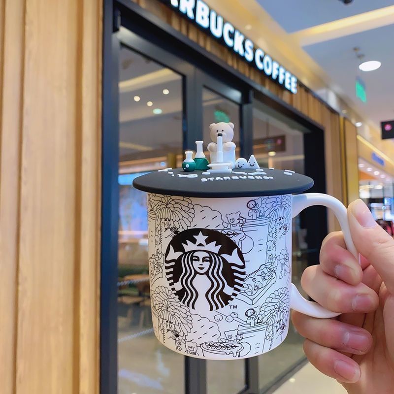Ly Uống Cà Phê Starbucks Bằng Sứ Thân Thiện Với Môi Trường Có Nắp Đậy Và Muỗng Họa Tiết graffiti