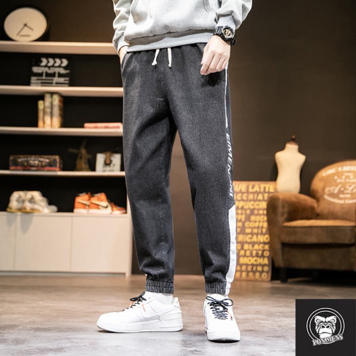 [Hàng Loại 1] Quần jogger jean nam nữ bó gấu lưng chun chữ sọc phong cách Hàn Quốc hot trend 2020