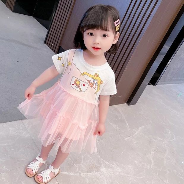 Đầm Công Chúa Tay Ngắn Phối Lưới Họa Tiết Hoạt Hình Phong Cách Hàn Quốc Cho Bé Gái