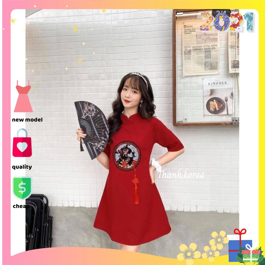 [có ảnh sàn]Đầm tết đầm nữ thiết kế thêu bướm cực xinh chất vải mịn đẹp mã[TẾT THÊU]