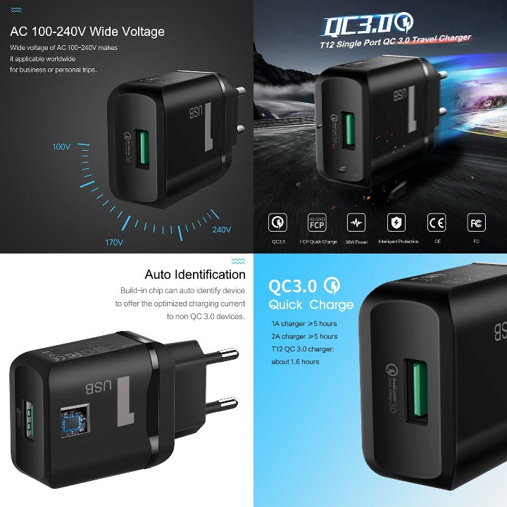 [CHÍNH HÃNG] Củ sạc nhanh Quick Charge 3.0 Rock T12 - 1 cổng USB chính hãng