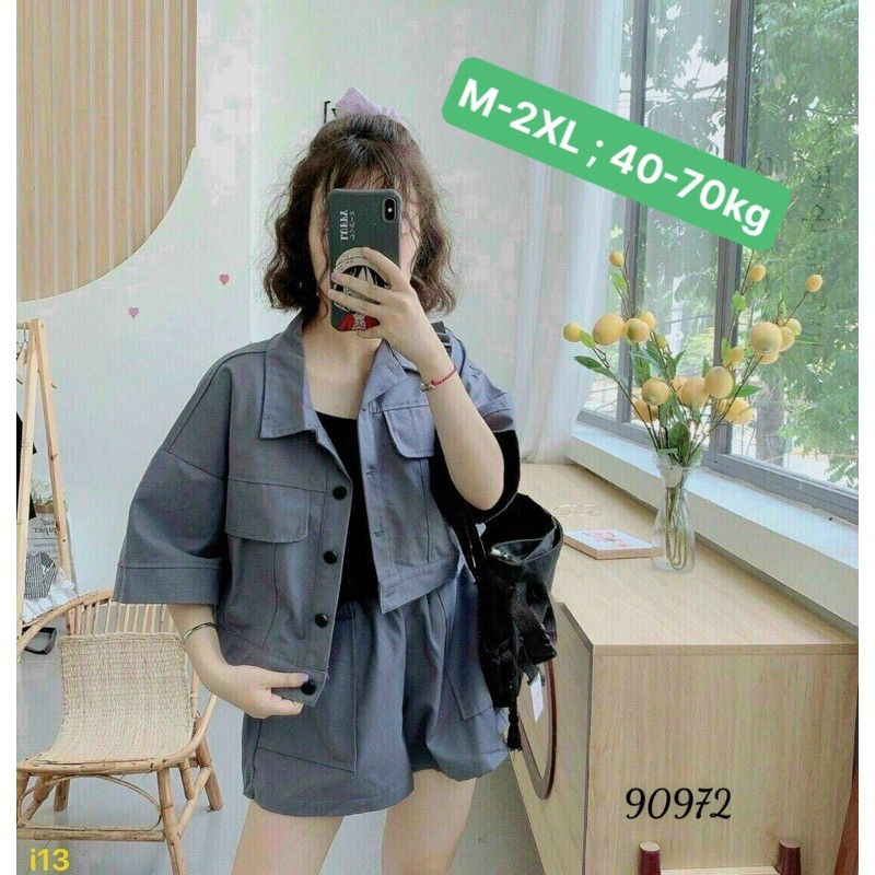 set 3 món áo vest croptop và quần short kèm áo 3 lỗ túi bản lớn