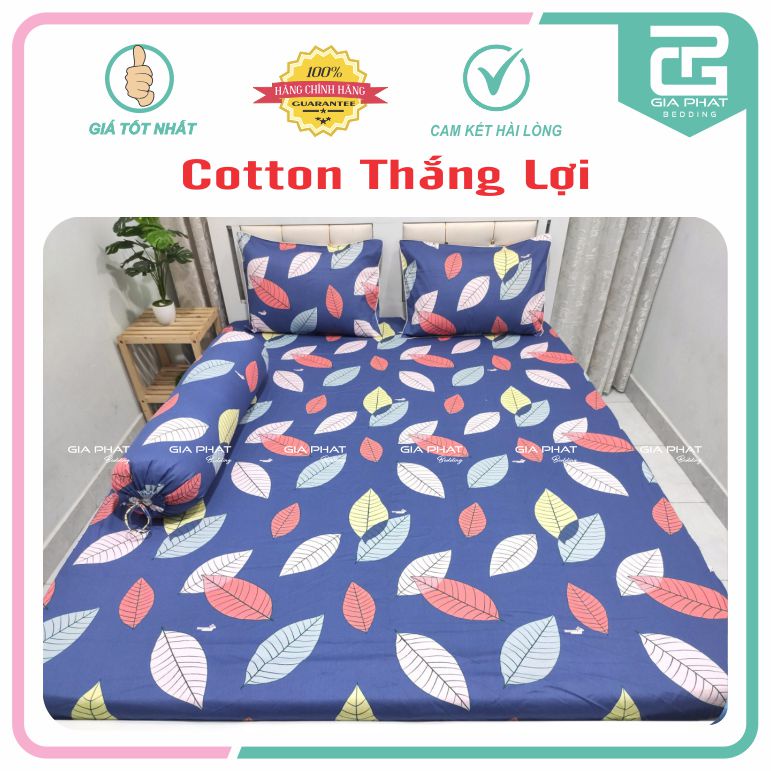 Bộ ga gối Thắng Lợi {4 món}100% Cotton chuẩn logo họa tiết Lá Rơi