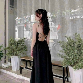 Đầm 2 dây maxi đan lưng - váy maxi đen 2 dây hở lưng sexy