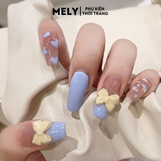Móng tay giả ngắn đính đá đính nơ kèm keo bộ 24 móng tặng kèm miếng dán móng giả