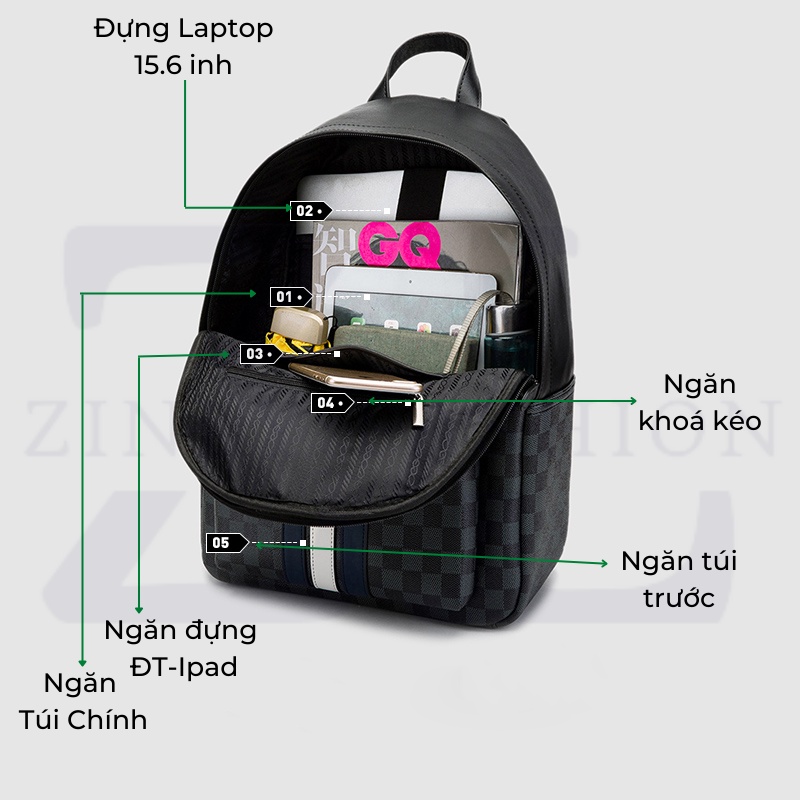Balo da thời trang chất liệu da PU cao cấp có ngăn laptop riêng - Zinly