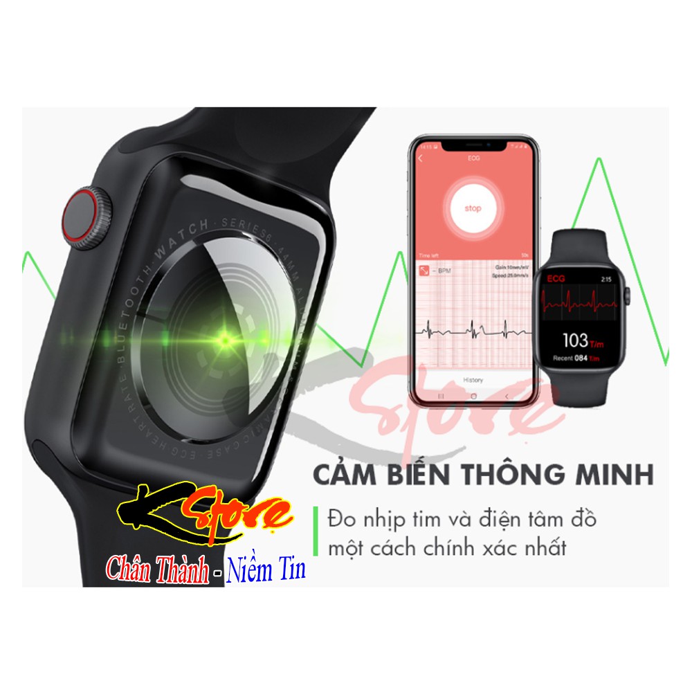 Đồng Hồ Thông Minh Seri 6 Logo Táo Màn Hình Tràn Viền 2 Nút Vật Lý Sạc Không Dây Full Thông Báo Tiếng Việt