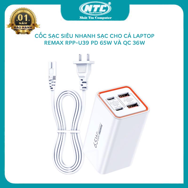 Cốc sạc 4 cổng siêu nhanh Remax RP-U39 Gan Charger hỗ trợ PD 65W và QC 36W - sạc cho cả laptop (trắng) Nhất Tín Computer