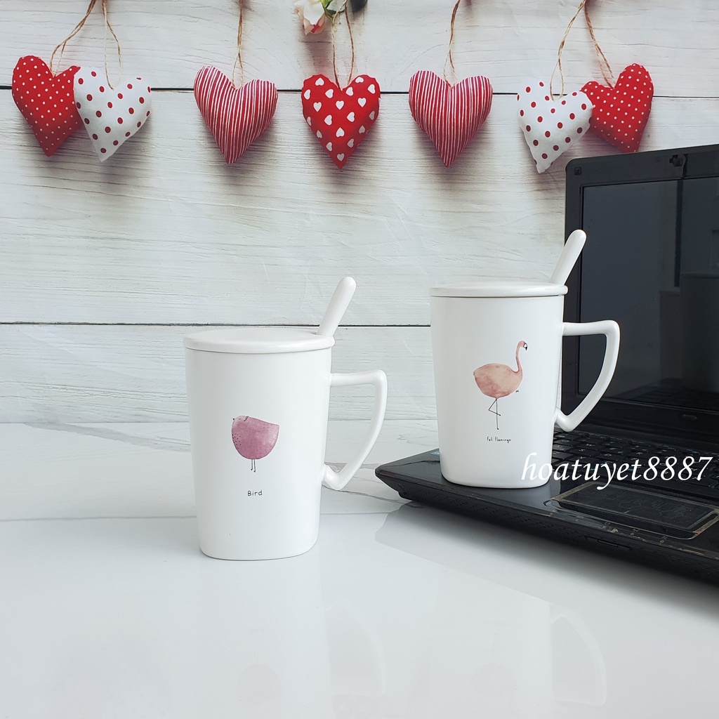 Ly cốc sứ cao cấp có nắp và thìa Zakka kiểu Bắc Âu dung tích 360ml