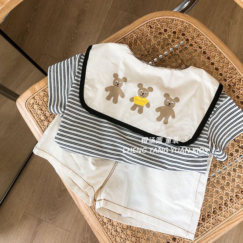 Bộ Áo Thun Tay Ngắn Kèm Quần Ngắn In Hình Gấu Dễ Thương Phong Cách Hàn Quốc Thời Trang Mùa Hè Cho Bé Gái