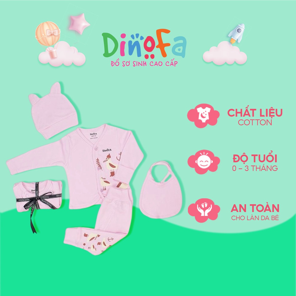 Bộ quần áo sơ sinh đồ bộ bé trai bé gái cotton dài tay, cúc thẳng, Set 4 món cho trẻ sơ sinh 0-3m, họa tiết con cò_B05