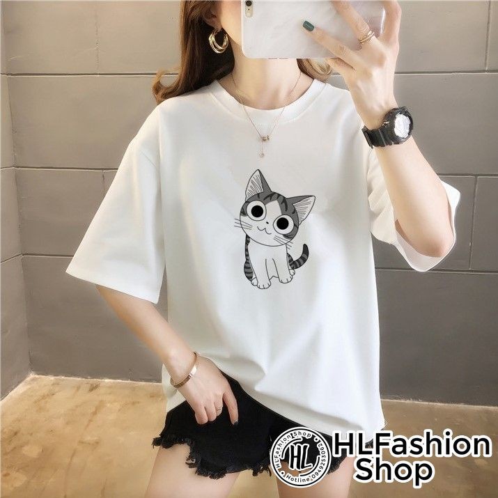 Áo thun tay lỡ form rộng Mèo đáng yêu, áo phông form rộng size HLFashion | BigBuy360 - bigbuy360.vn