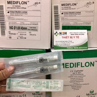 BỘ 50 100 CÂY KIM LUỒN TĨNH MẠCH XỎ KHUYÊN 16G KIM LUỒN CATHETER tiêm truyền tĩnh mạch MEDIFLON CỦA MEDIKIT ẤN ĐỘ 16G