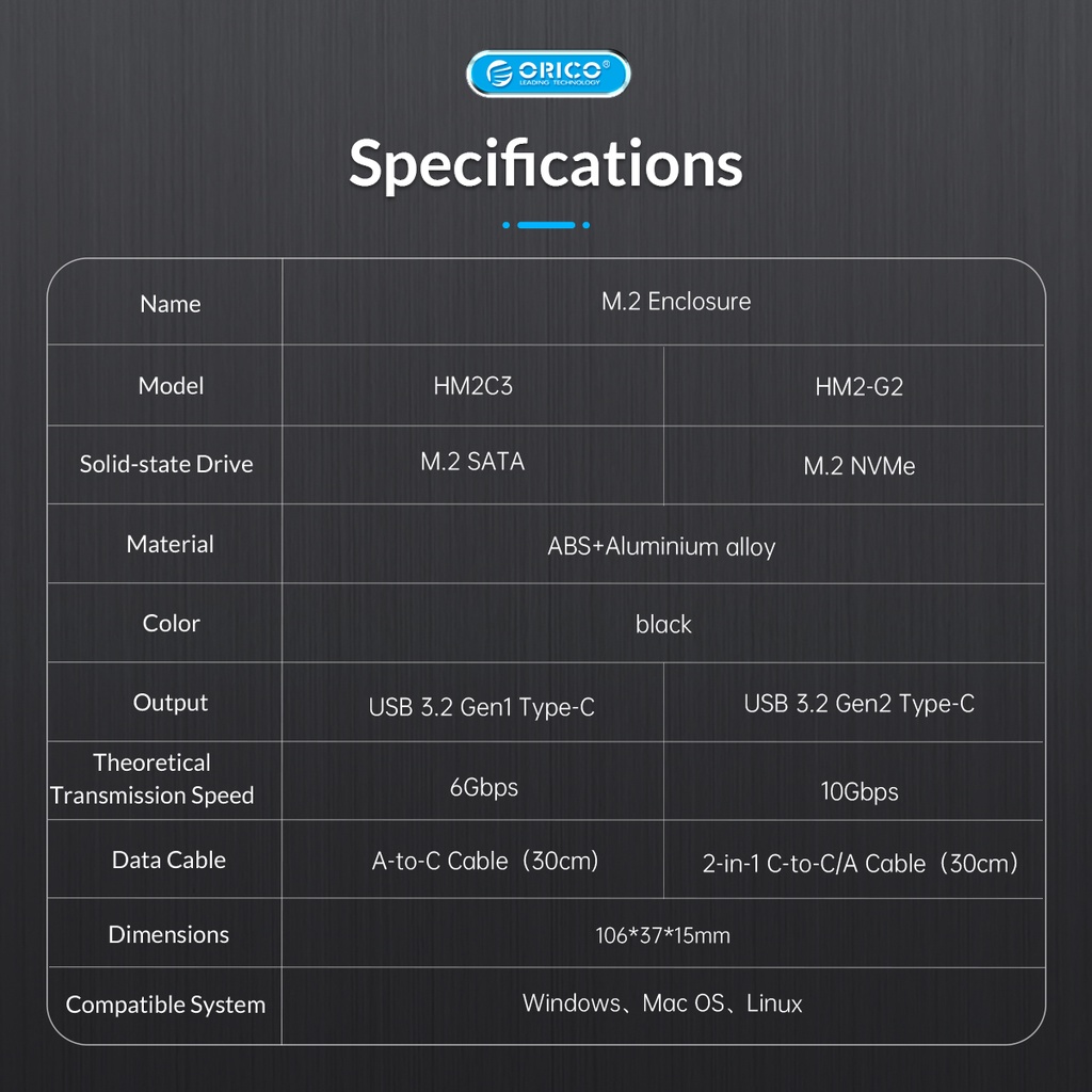 Vỏ ổ cứng ORICO HM2C3 M2 NVME USB3.2 gen2 type c 10gbps pcie SSD M2 bằng kim loại chất lượng cao