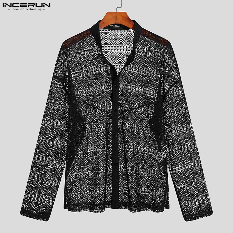INCERUN Áo Sơ Mi Tay Dài Phối Lưới Thiết Kế Lỗ Thời Trang Cho Nam