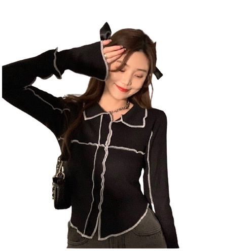 QKOOLE  Áo dệt kim tay dài cổ POLO phong cách Hàn Quốc cho nữ