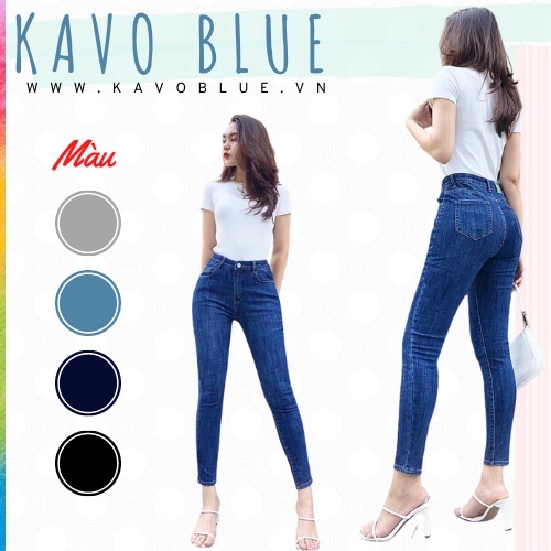 Quần Jean Nữ Lưng Cao Dáng Ôm KAVO BLUE Màu Xanh Đậm Có Gấu Co Giãn 4 Chiều