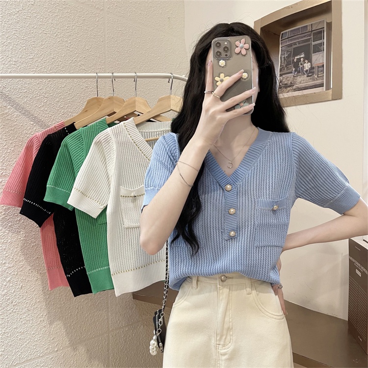 SUXI Áo Thun Dệt Kim Tay Ngắn Cổ Chữ V Màu Sắc Trơn Phong Cách Hàn Quốc Cho Nữ