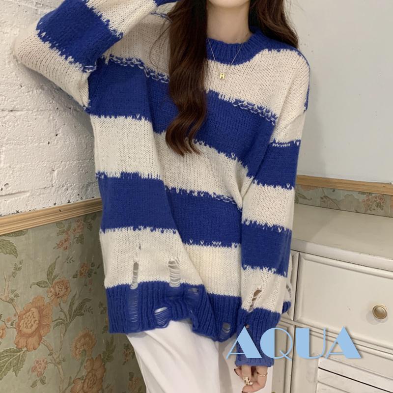 Áo Sweater Dệt Kim Tay Dài Cổ Tròn Màu Sắc Tương Phản Thời Trang Cho Nữ