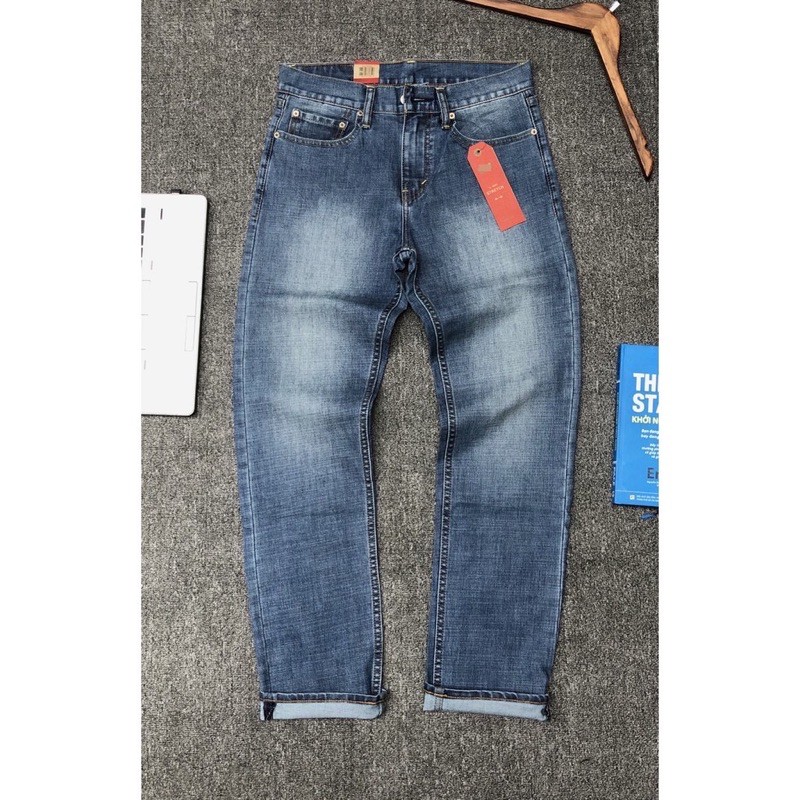 Quần Jean Nam xanh ống đứng jean co giản