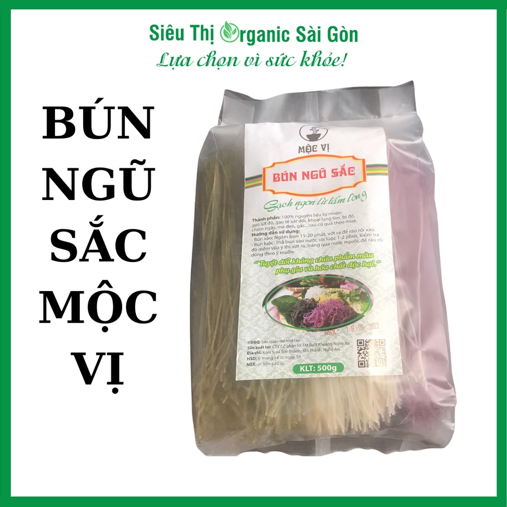 Bún ngũ sắc Mộc Vị, bún hữu cơ 5 màu tự nhiên chùm ngây, bí đỏ, mè đen, gấc... (bịch 500 gram)