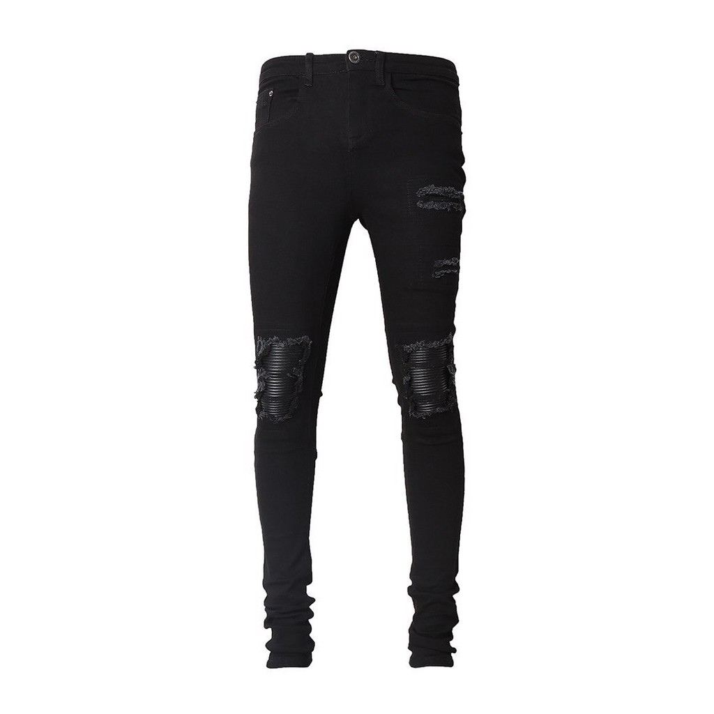 Quần Jeans Nam Skinny Biker Rách Gối Bọc Da Màu Đen | BigBuy360 - bigbuy360.vn