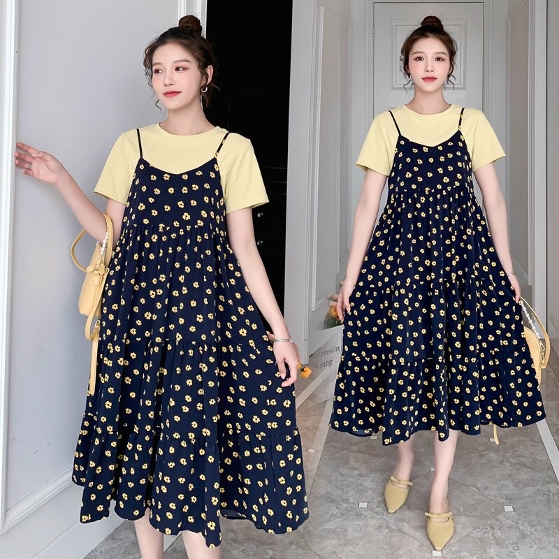Váy bầu, Đầm bầu công sở, dự tiệc sét yếm hoa 2 món rời chất lụa hoa nhẹ thoáng mát an toàn cho da mẹ và bé 40-70kg