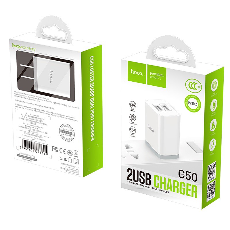 Củ sạc nhanh 2 công HOCO C50 max 2.4A - Chính hãng - Bảo vệ dòng điện