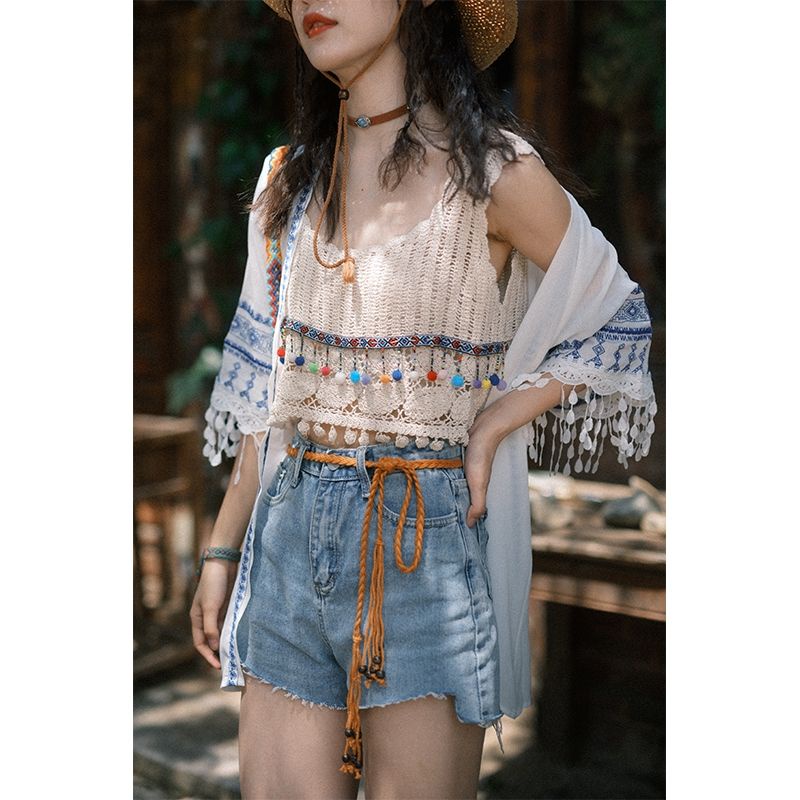 ÁO BOHO CHIC CROPTOP ĐAN DÂY SẮC MÀU PHỐI ÁO KHOÁC TAY VIỀN THỔ CẨM BOHEMIAN