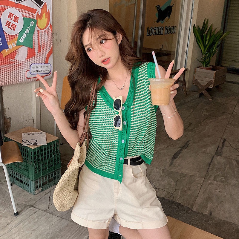 Áo Khoác Cardigan Không Tay Cắt Xẻ Bằng Lụa Băng Kẻ Sọc Thời Trang Mùa Hè Mới Ngọt Ngào Cho Nữ Ins Spicy Pure Desire