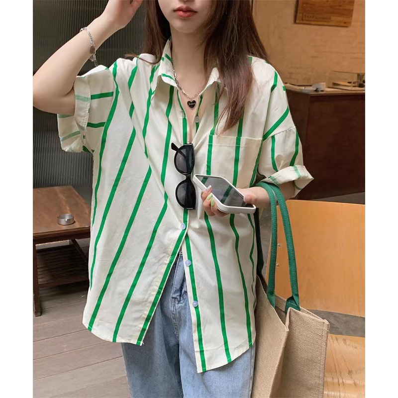 Áo Sơ Mi Ngắn Tay Họa Tiết Kẻ Sọc Màu Sắc Tương Phản Thời Trang Mùa Hè