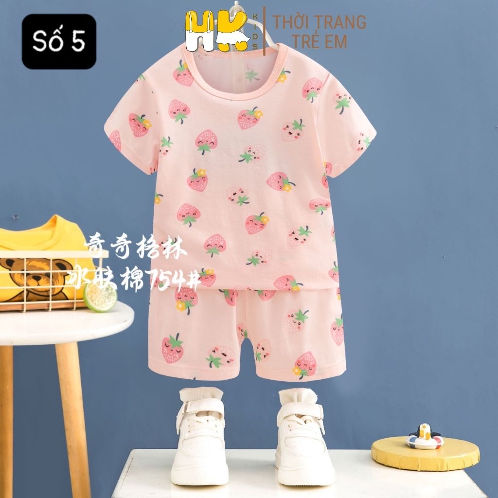 Bộ quần áo cộc tay bé gái HK KIDS, bộ đồ ngắn tay cotton mềm mát size cho bé từ 1-7 tuổi