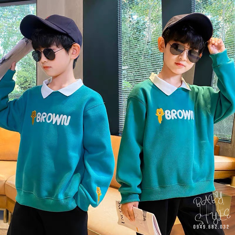 Áo thu đông bé trai, bé gái &quot;BROWN&quot; 14-45kg, Áo nỉ sweater ấm áp cho bé 4-15 tuổi. Vải da cá dày dặn. Hàng may kỹ. G48