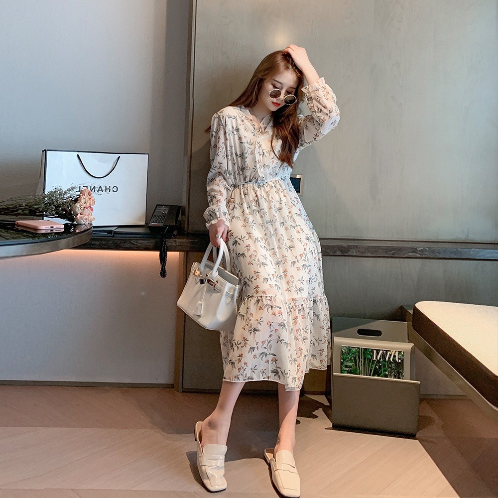 Đầm dài dáng xòe hoa nhí tiểu thư cận chất có ảnh thật Phong cách Hàn Quốc | BigBuy360 - bigbuy360.vn