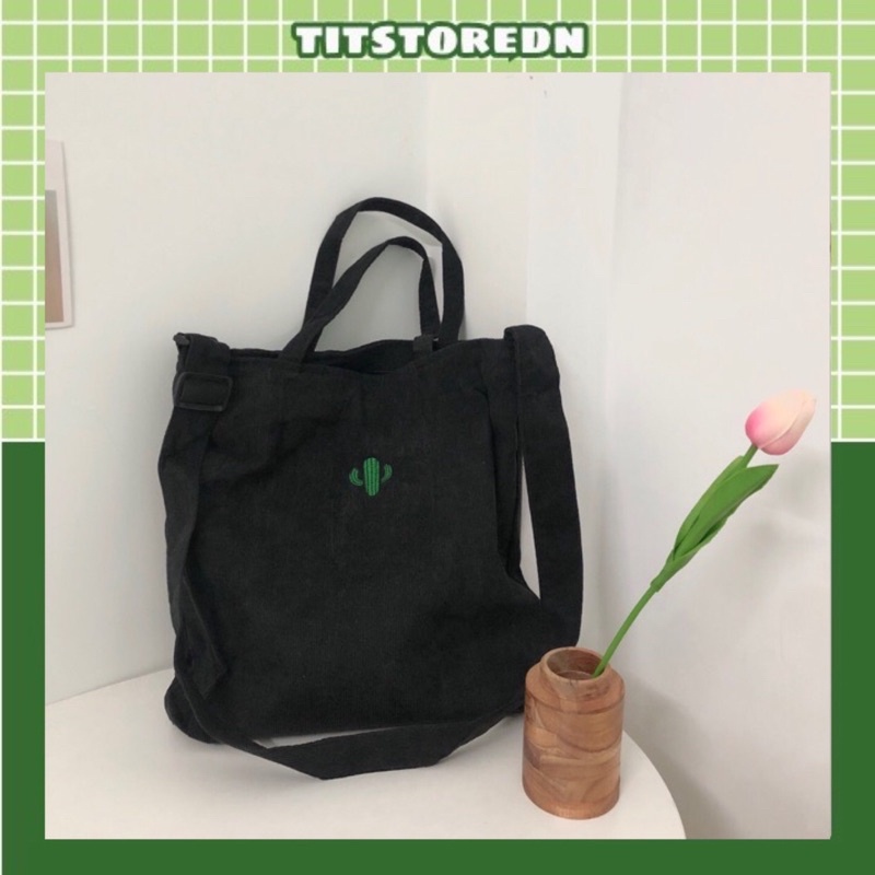 Túi tote đeo chéo xương rồng, quả thơm thêu ulzzang Hàn Quốc
