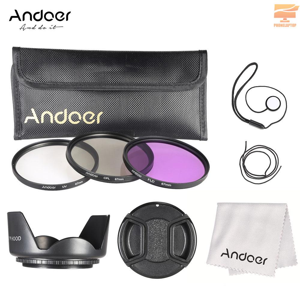 Đầu lọc Lapt Andoer 67mm (UV + CPL + FLD) + Túi đựng nylon + Nắp đậy + Giá đỡ nắp + Tấm trùm + Vải lau ống kính