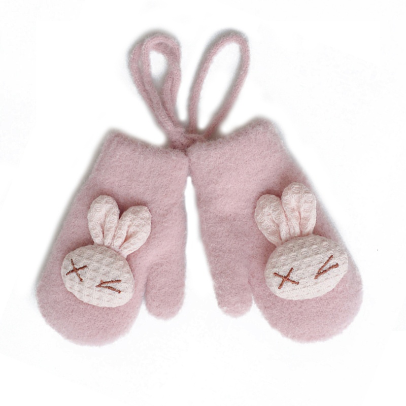 1 Đôi Găng Tay Vải Lông Dày Giữ Ấm Mùa Đông In Họa Tiết Thỏ Hoạt Hình Có Dây Đeo Cho Bé