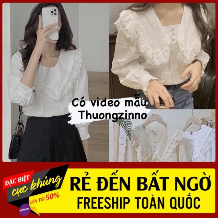 ÁO sơ mi Đính cúc bọc CỔ BÈO THÊU HOA TIỂU THƯ Áo Sơ Mi Dài Tay Phối Ren ྇