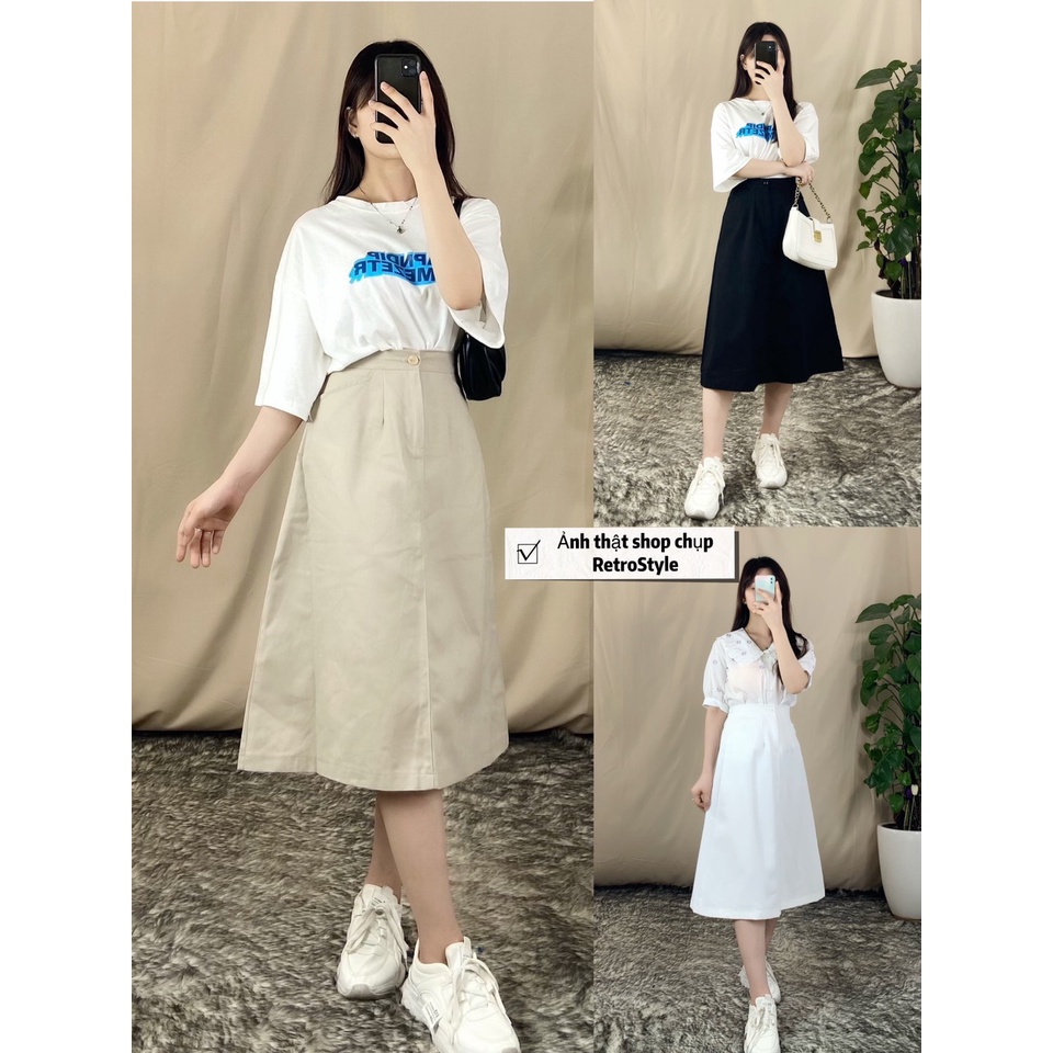 Chân Váy Kaki Dài Dáng Chữ A, cúc khóa trước, chun lưng sau ảnh video thật RetroStyle  CV8801
