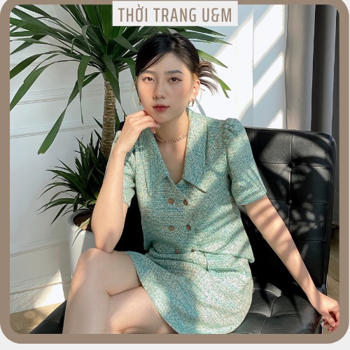 Set Áo Dạ Xanh + Chân Váy Dạ Xanh Xinh Xắn