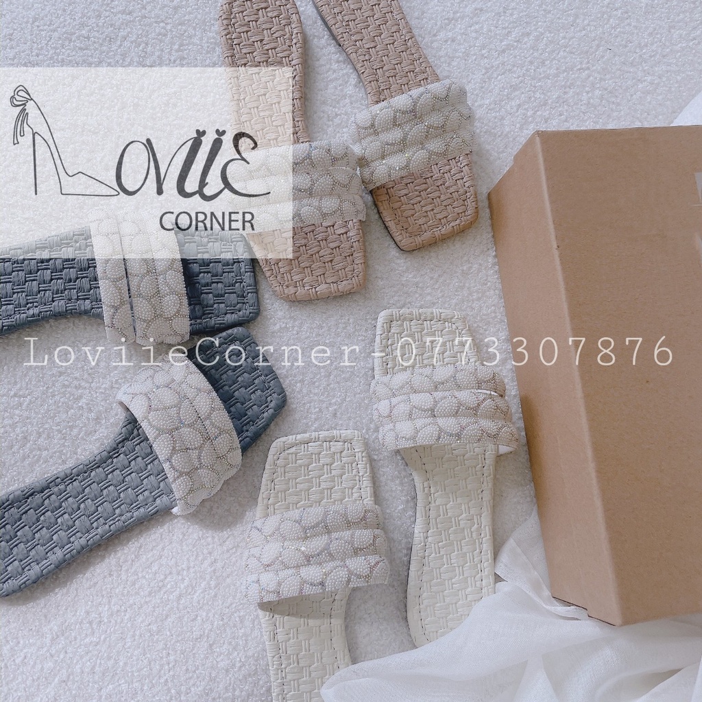 DÉP NỮ LOVIIECORNER - DÉP THỜI TRANG BỆT PHONG CÁCH NỮ TÍNH QUAI NGANG ĐÍNH HẠT ĐẾ THẤP D220702